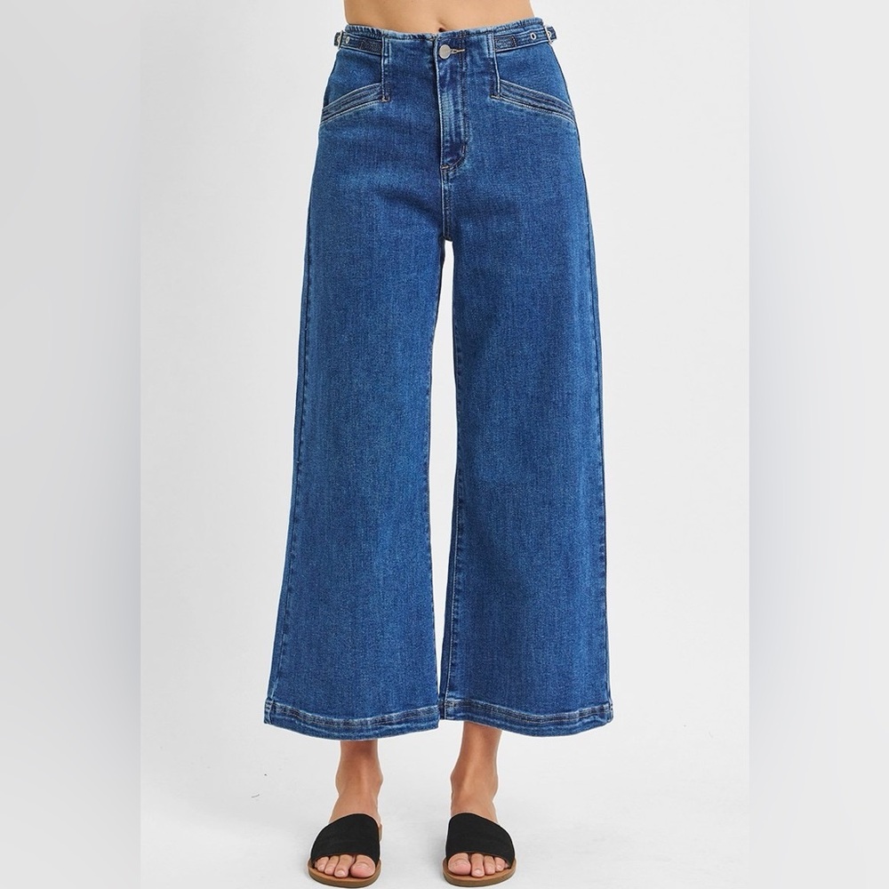 Risen High Rise Crop Wide Leg Jeans – Adjustable Waistband | Dark Wash Denim - Picture 1 of 11